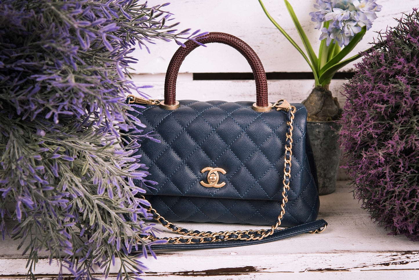 Chanel Blue Caviar Leather and Lizard Medium Coco Top Handle Bag Chanel   TLC
