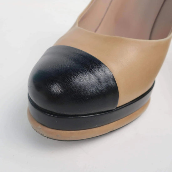 Chanel Chanel Beige/Black Leather Cap Toe Platform Pumps LVBagaholic
