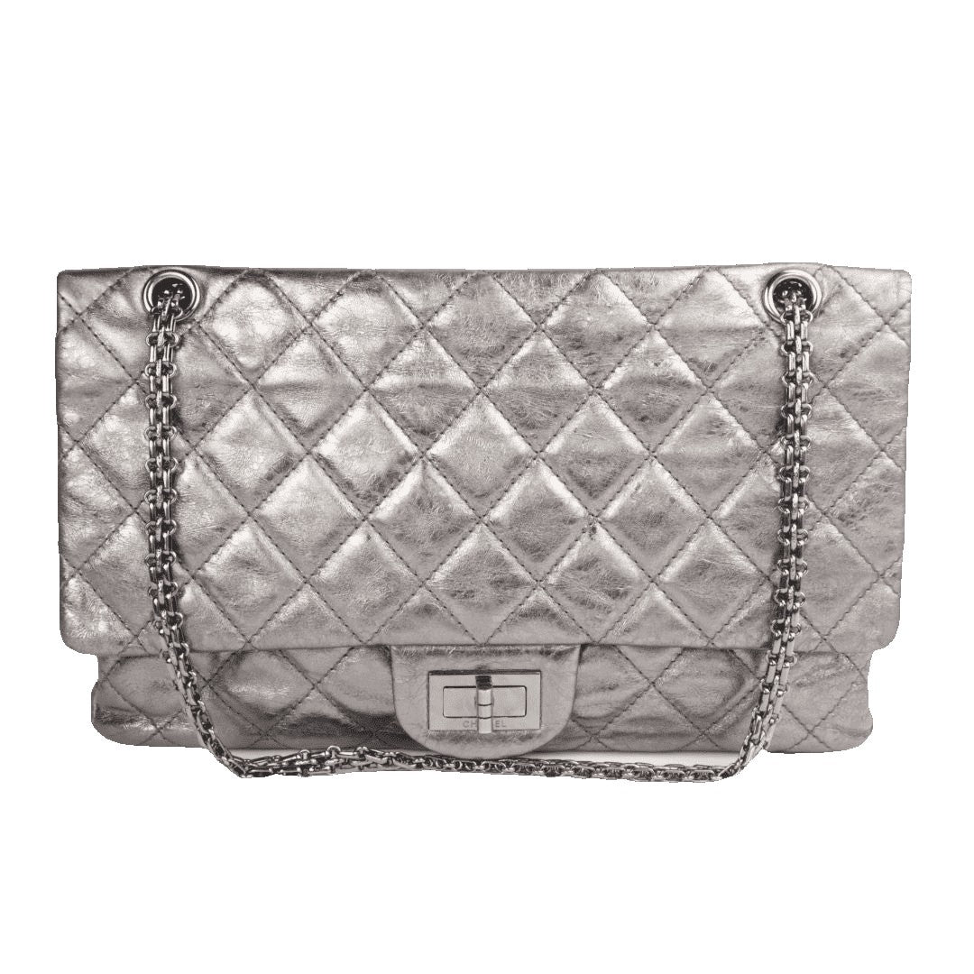Chanel Silver Metallic Aged Calfskin 2.55 Reissue 227 Double Flap Bag, –  Bagaholic