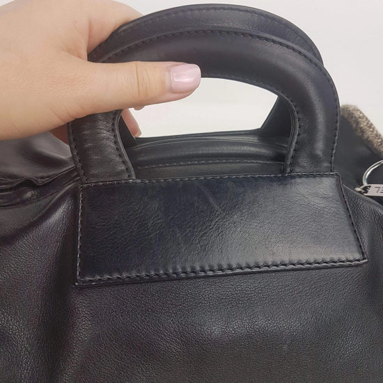 Load image into Gallery viewer, Chanel Chanel Vintage Black Leather Bowler Tweed Trim Bag LVBagaholic
