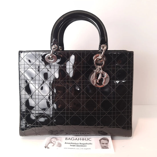 Cargar imagen en el visor de la galería, Dior Christian Dior Black Cannage Patent Leather Large Lady Dior Bag (771) LVBagaholic
