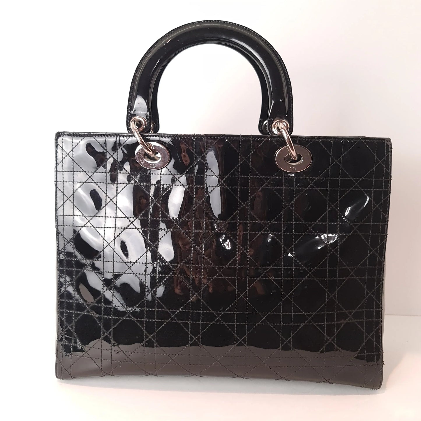 Dior Christian Dior Black Cannage Patent Leather Large Lady Dior Bag (771) LVBagaholic