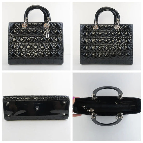 Dior Christian Dior Black Cannage Patent Leather Large Lady Dior Shoulder Bag LVBagaholic