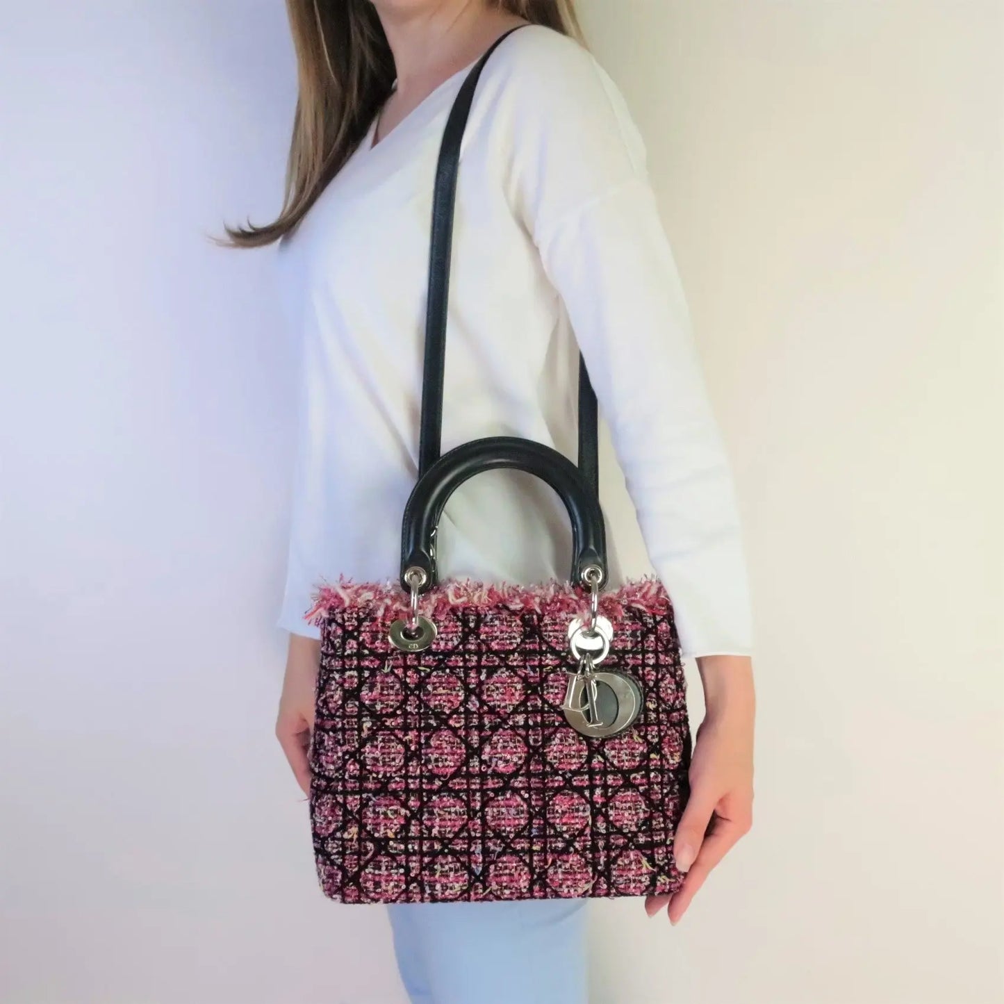Load image into Gallery viewer, Dior Dior Lady Dior Pink/Black/Fuchsia Tweed Bag Medium 2011 Bag LVBagaholic
