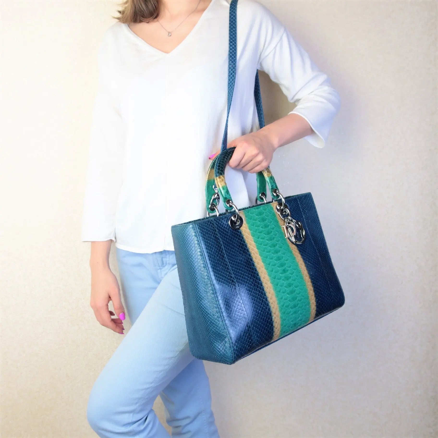 Dior Blue Python Lady Dior Large Shoulder Bag – Bagaholic