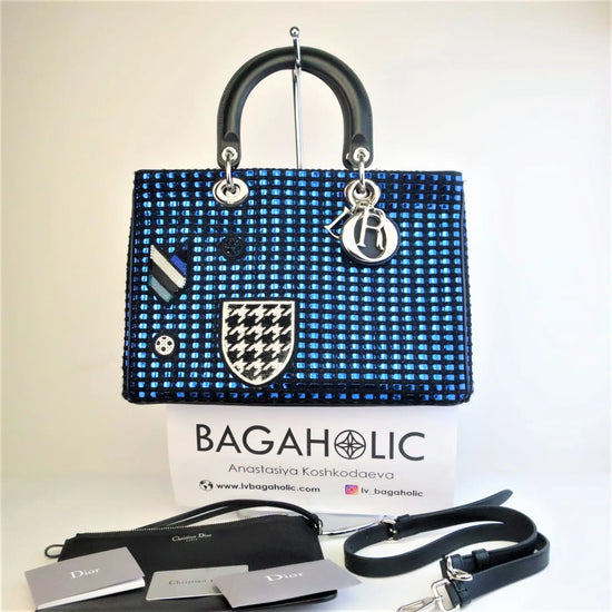 Load image into Gallery viewer, Dior Diorissimo Patch Embellished Metallic Large Blue and Black Tweed Tote Bag LVBagaholic
