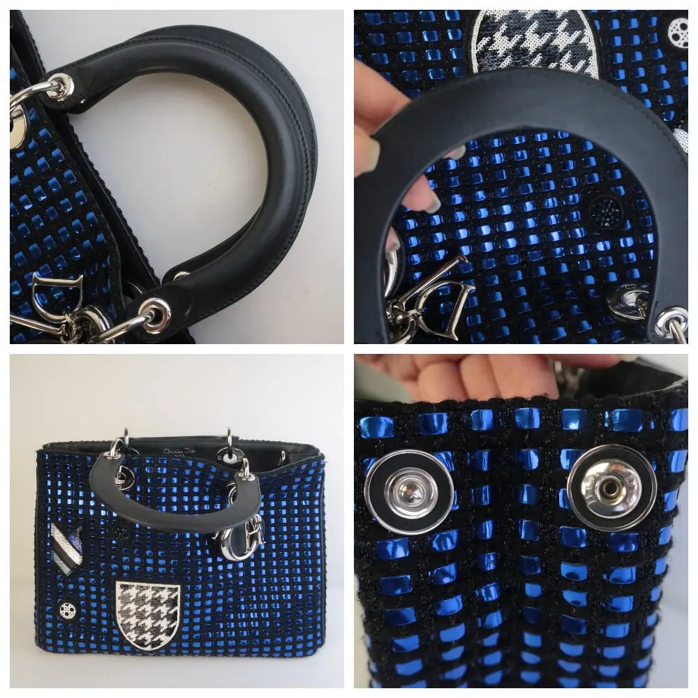 Load image into Gallery viewer, Dior Diorissimo Patch Embellished Metallic Large Blue and Black Tweed Tote Bag LVBagaholic
