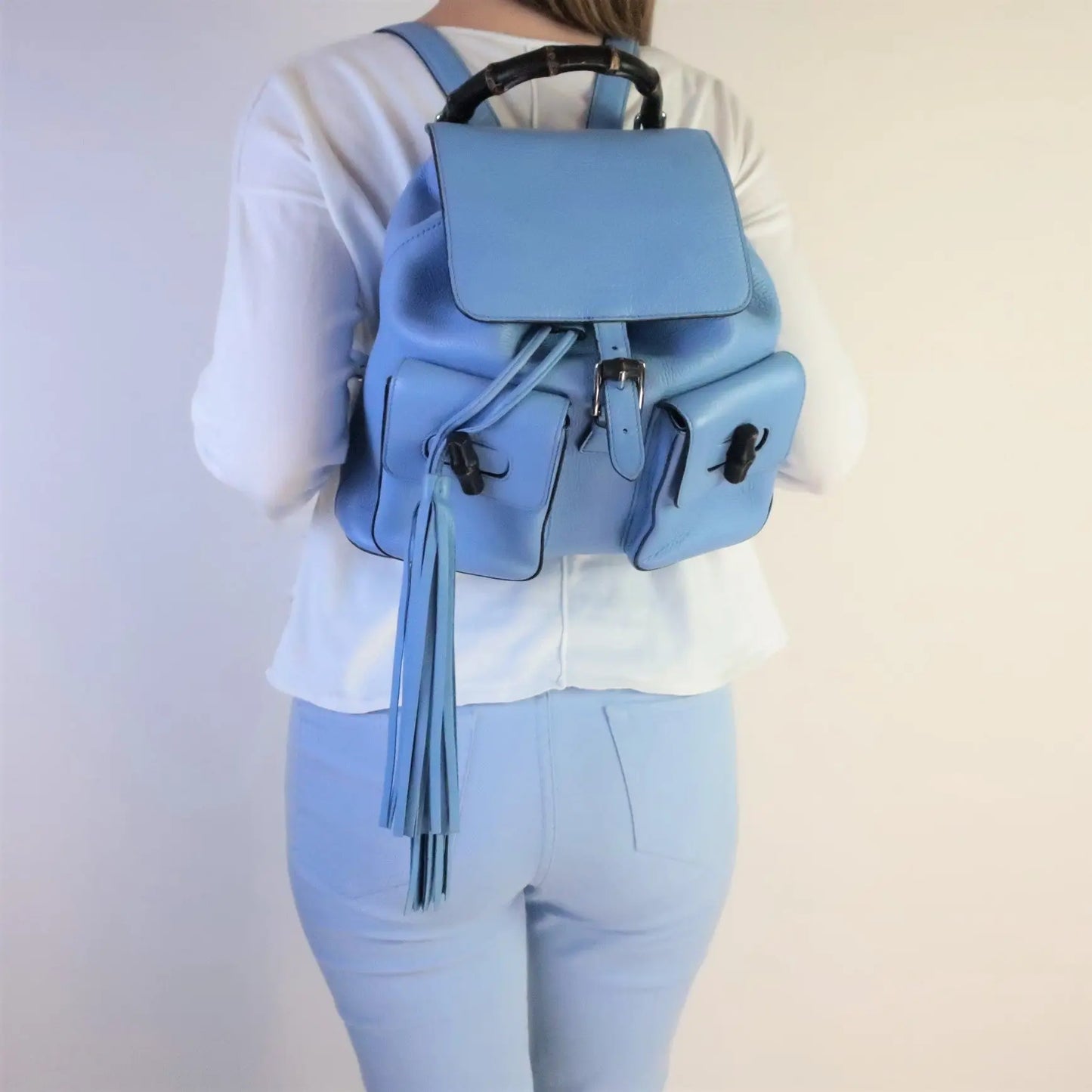 Cargar imagen en el visor de la galería, Gucci Gucci Calfskin Medium Bamboo Backpack Blue Jeans LVBagaholic
