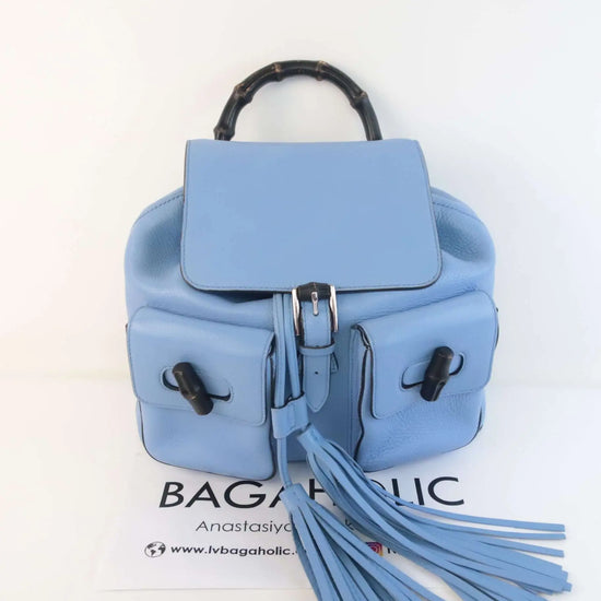 Load image into Gallery viewer, Gucci Gucci Calfskin Medium Bamboo Backpack Blue Jeans LVBagaholic
