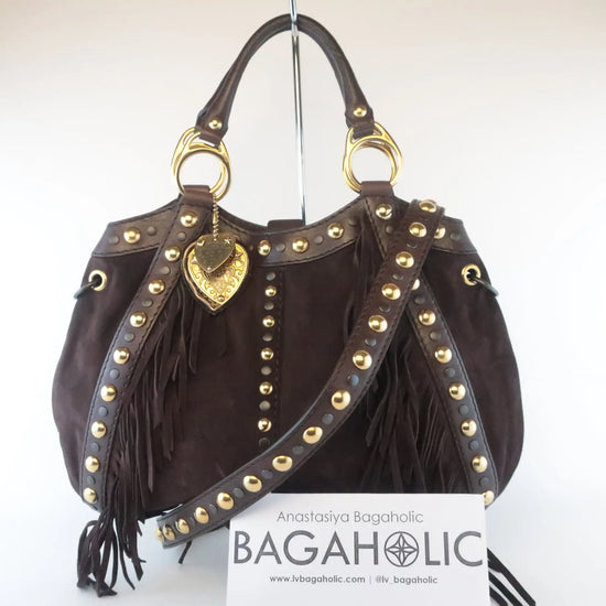 Cargar imagen en el visor de la galería, Gucci Gucci Runway Brown Suede Babouska Large Fringe Studded Tote bag LVBagaholic
