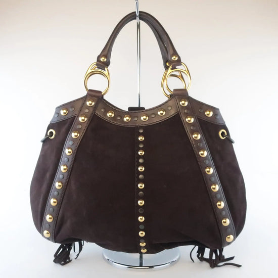 Load image into Gallery viewer, Gucci Gucci Runway Brown Suede Babouska Large Fringe Studded Tote bag LVBagaholic
