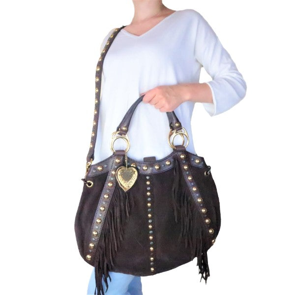 Load image into Gallery viewer, Gucci Gucci Runway Brown Suede Babouska Large Fringe Studded Tote bag LVBagaholic
