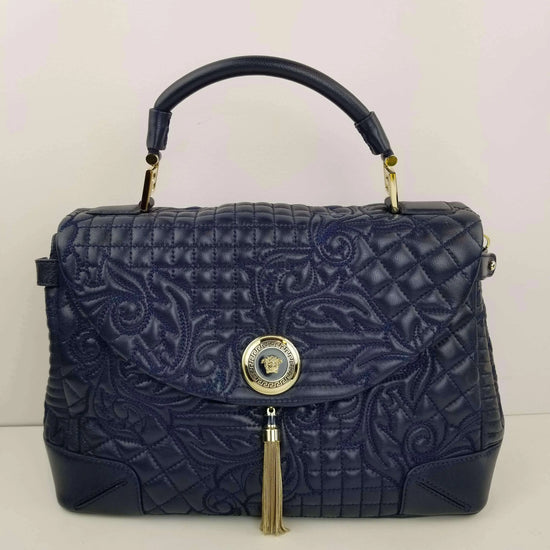 Load image into Gallery viewer, LVBagaholic Versace Barocco Embroidered Altea Vanitas Dark Blue Leather Satchel Bag LVBagaholic
