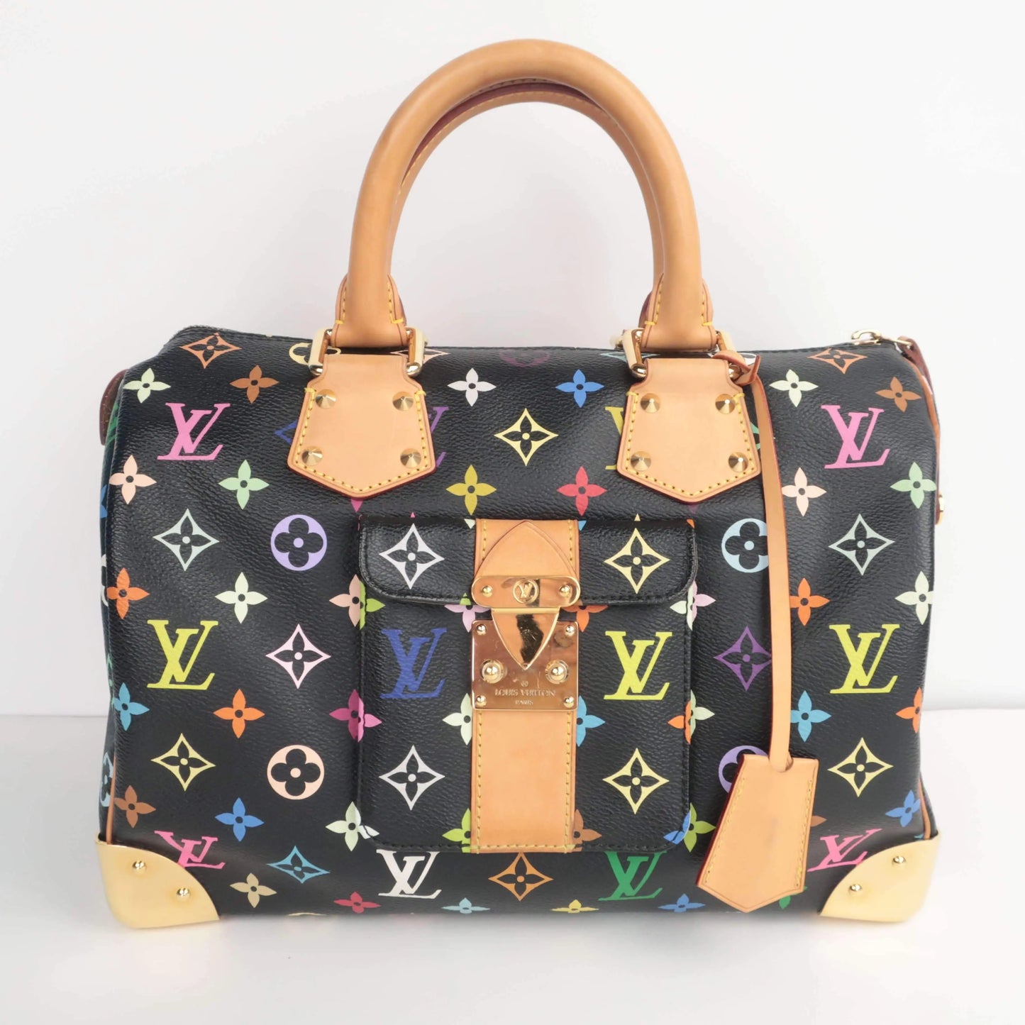 Auth Louis Vuitton Monogram Multi color Black Speedy 30 Hand Bag 1C240060n