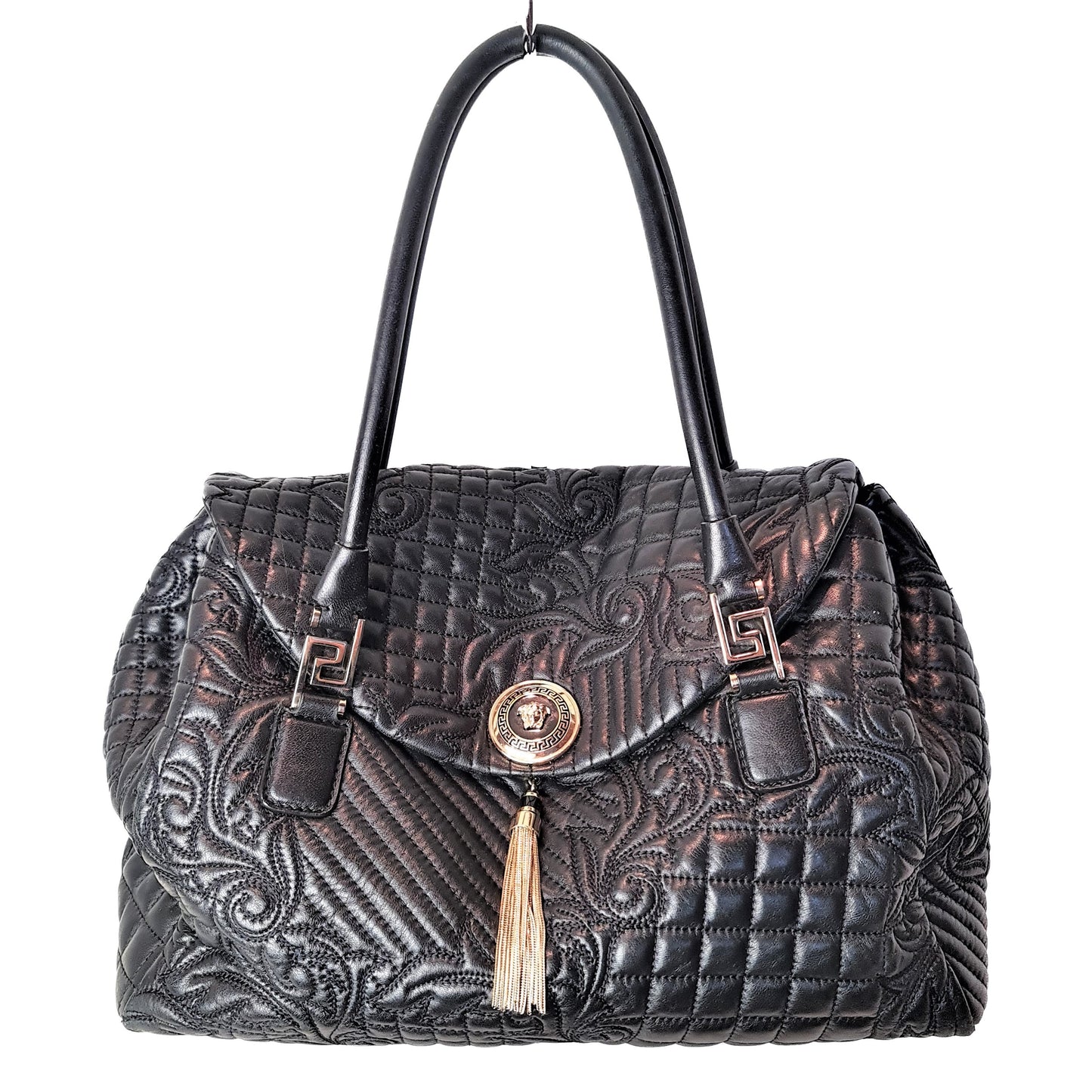 Versace Versace Barocco Embroidered Vanitas Black Leather Double Handle Bag (788) LVBagaholic